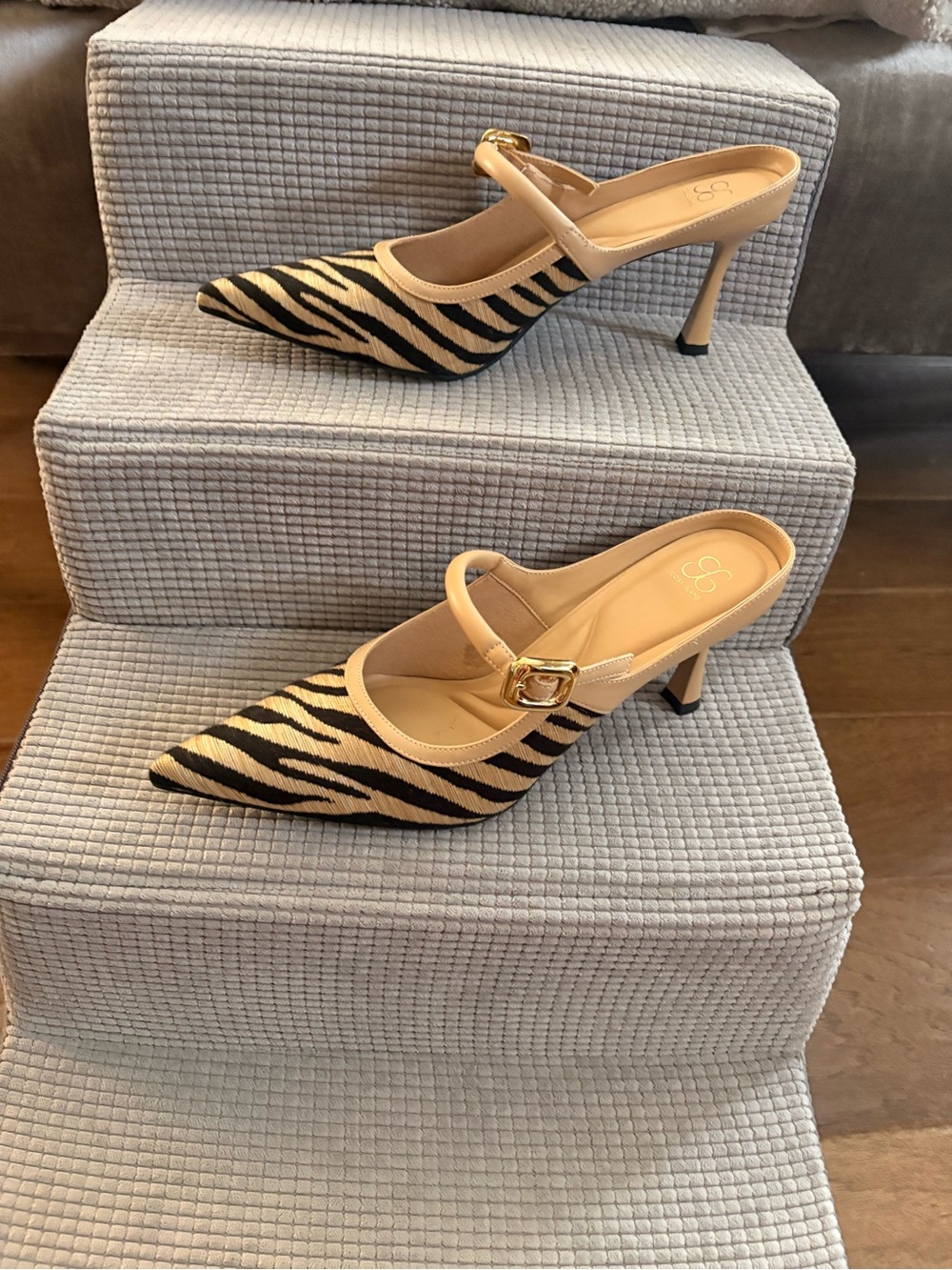 Zebra-Print Pointed Mary Jane Mule in Beige and Black - Cosy Island